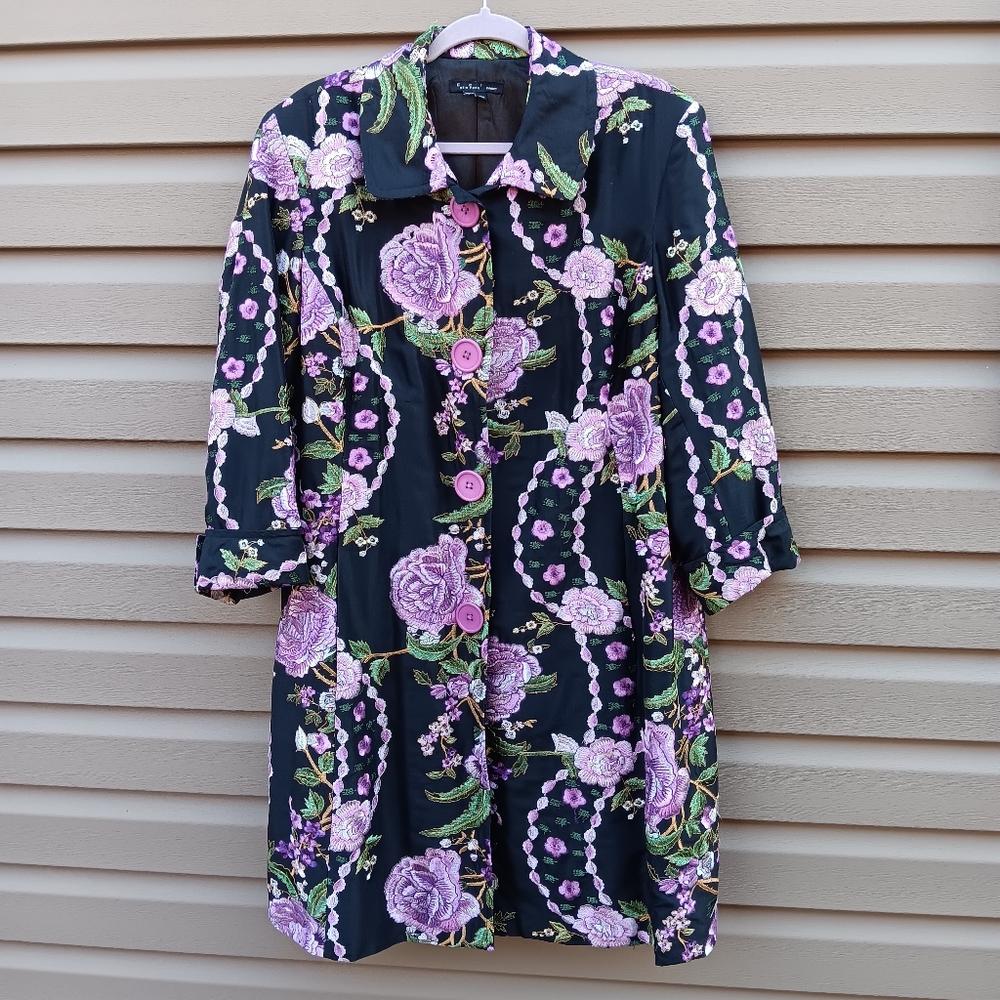 ECI New York Sz 16-18? Black Purple Floral Embroidered Silk Coat Jacket